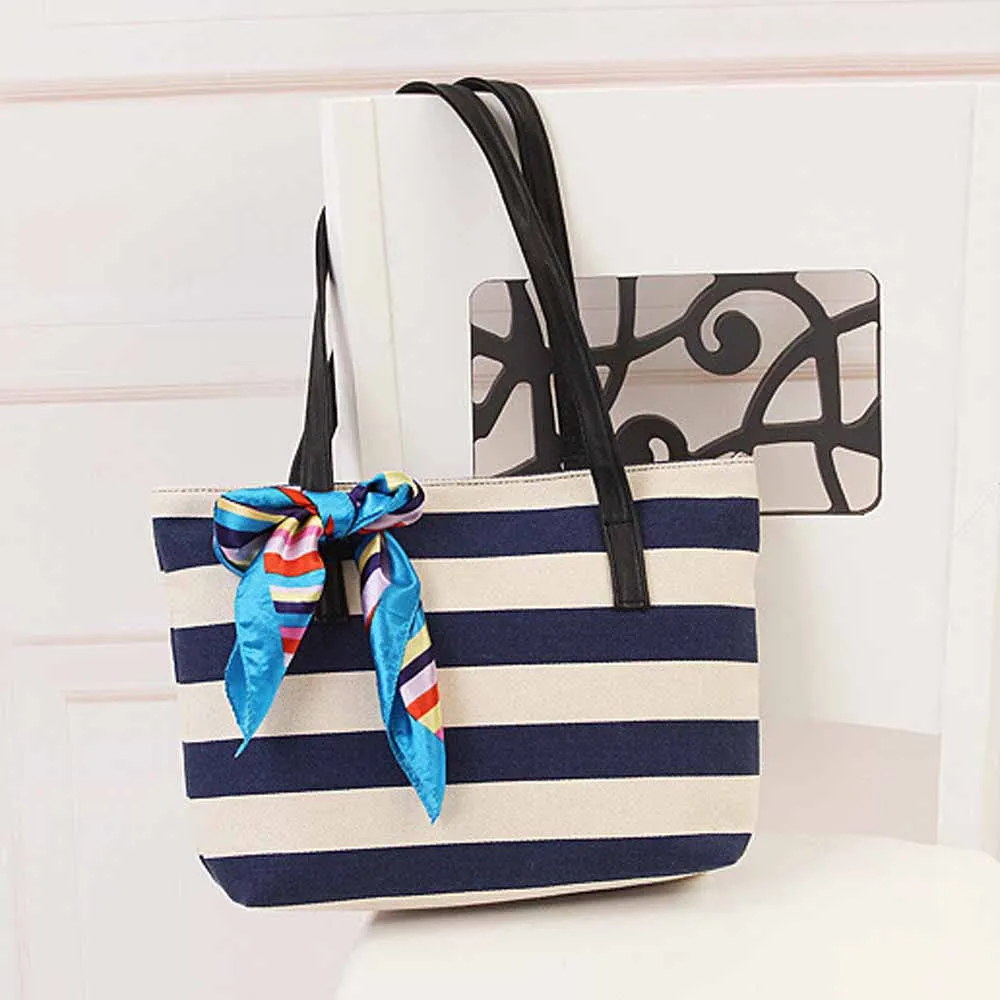 Women Bag Canvas Stripe Silk Scarf Bags Shoulder Casual Handbag bolsos femenina