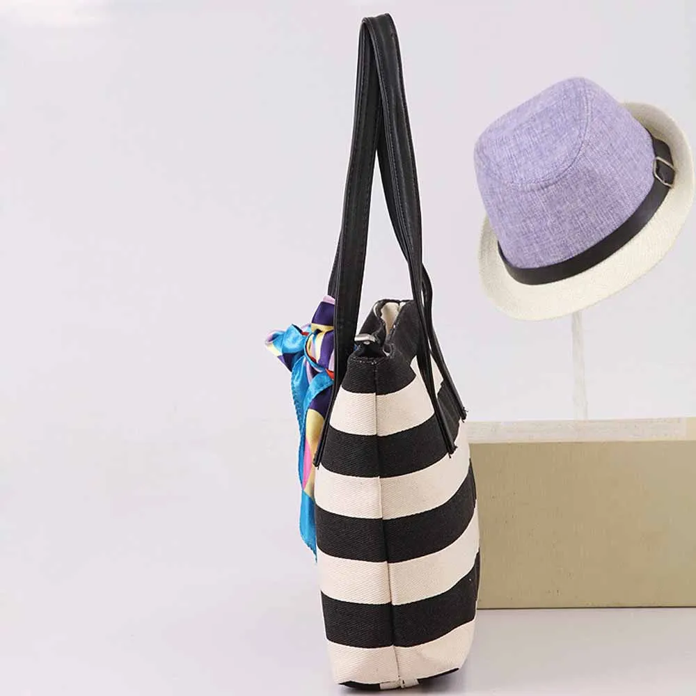 Women Bag Canvas Stripe Silk Scarf Bags Shoulder Casual Handbag bolsos femenina