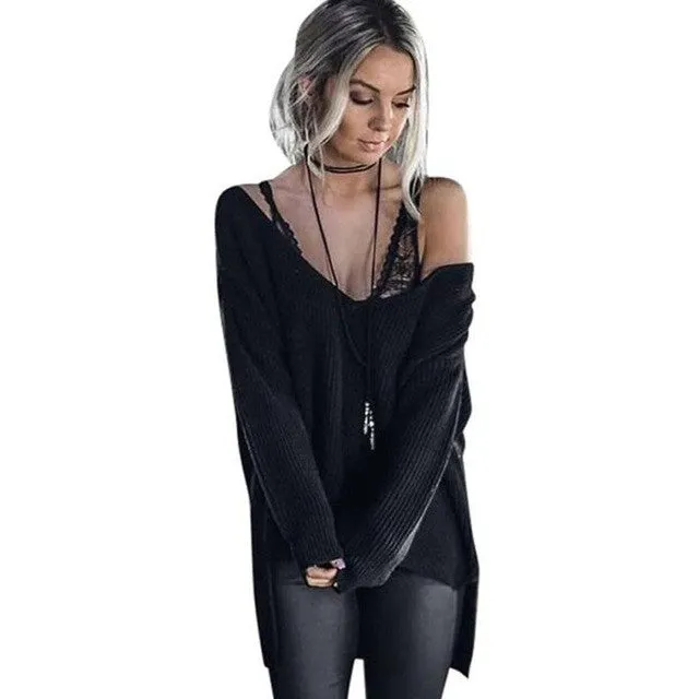 Women Loose Off Shoulder Sweater Korean Fashion Irregular Solid Long Sleeve Knitted Jumper Sweaters And Pullovers sueter GS