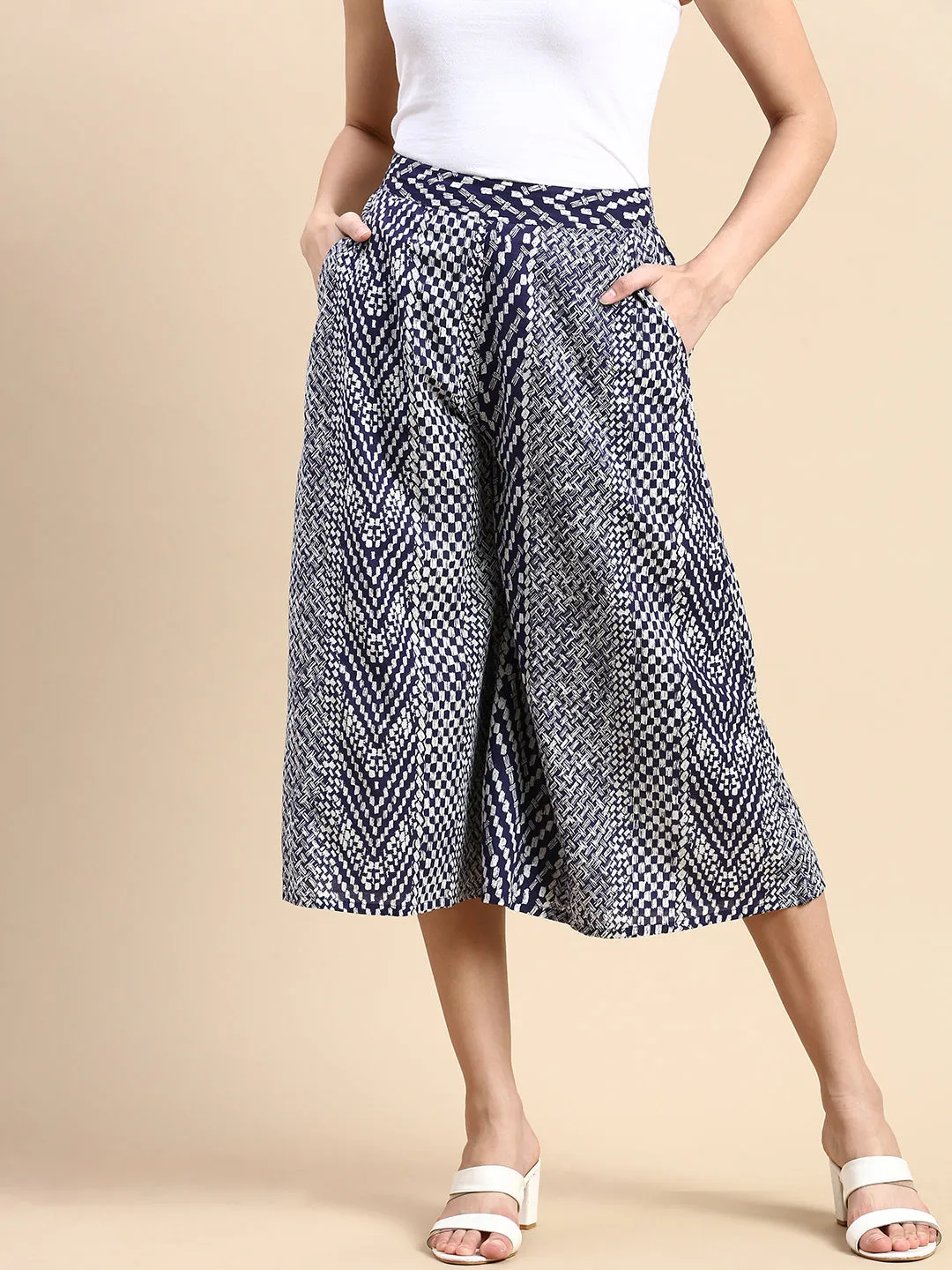 Women Printed Culottes Navy Blue