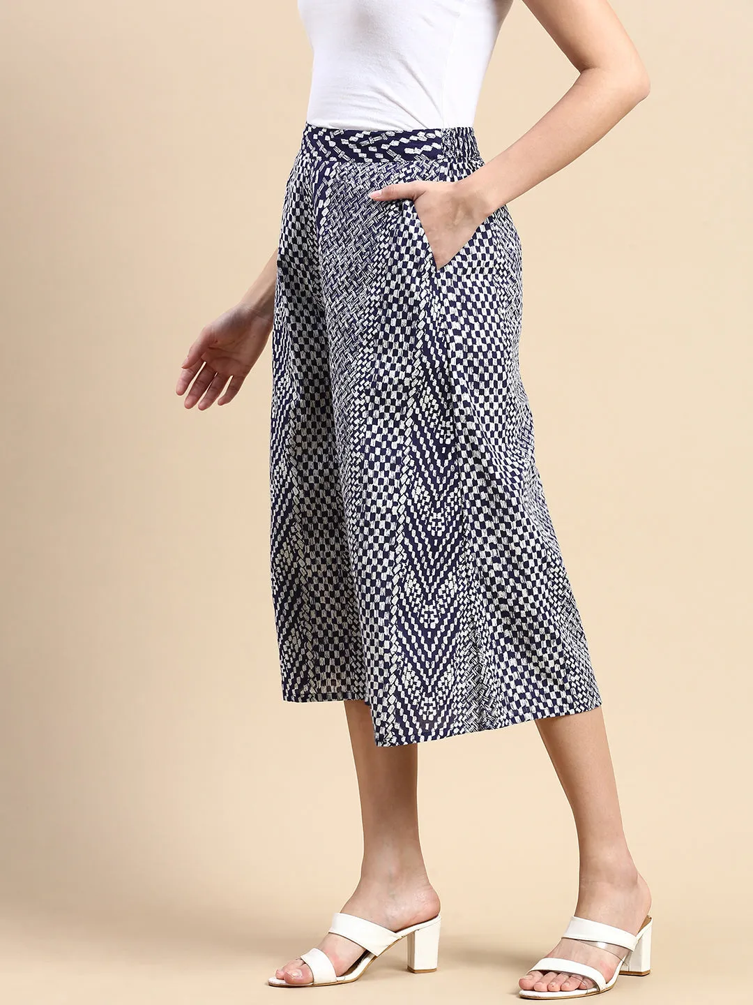 Women Printed Culottes Navy Blue