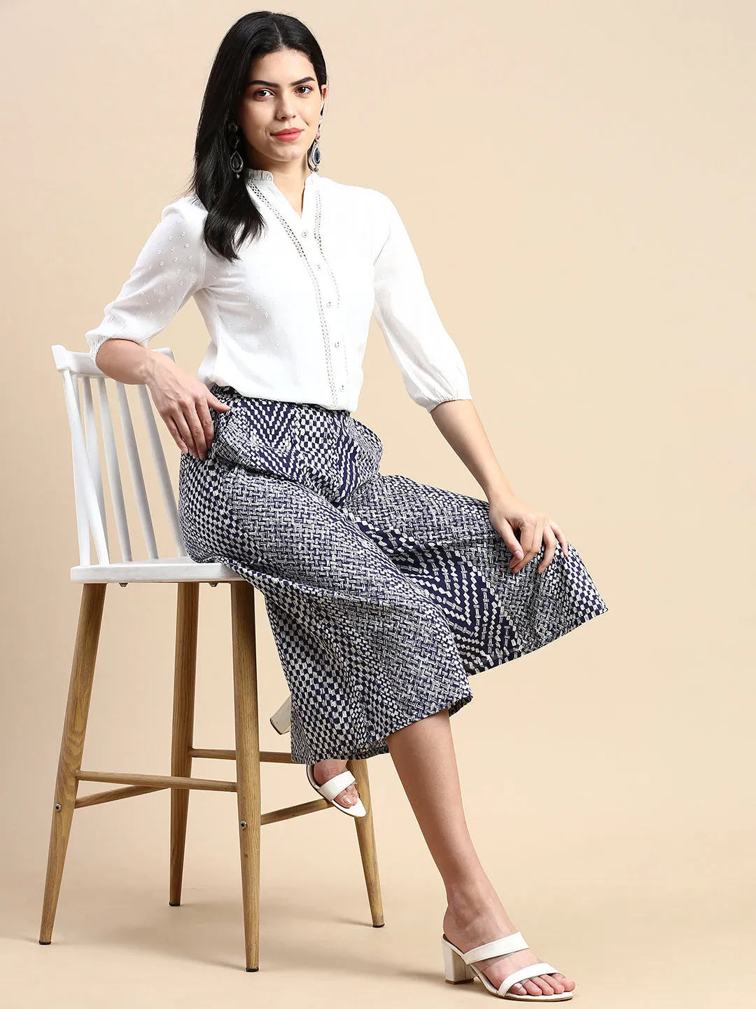 Women Printed Culottes Navy Blue