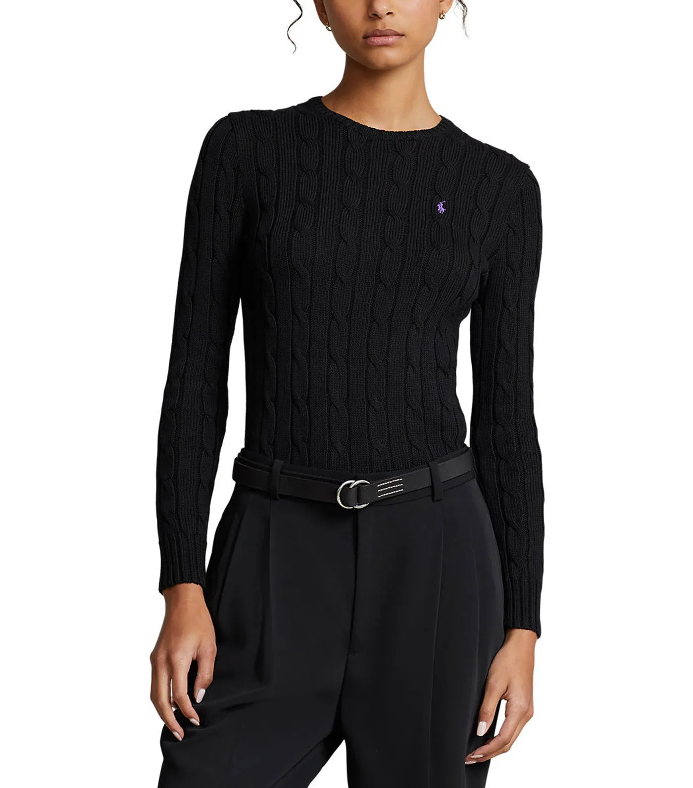 Women's Cable-Knit Cotton Crewneck Sweater Polo Black