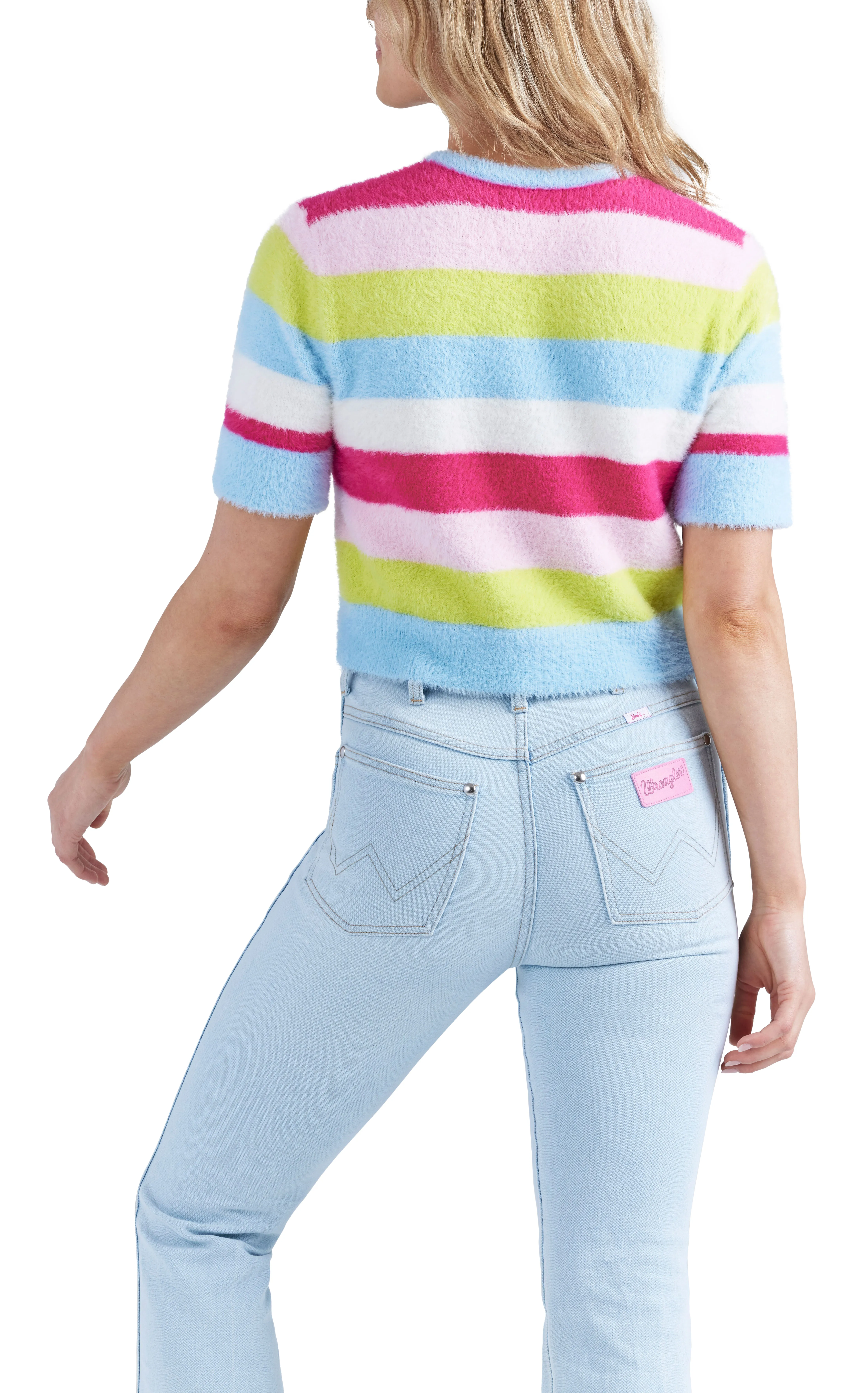 Wrangler x Barbie Women's Stripe Fuzzy Short Sleeve Sweater