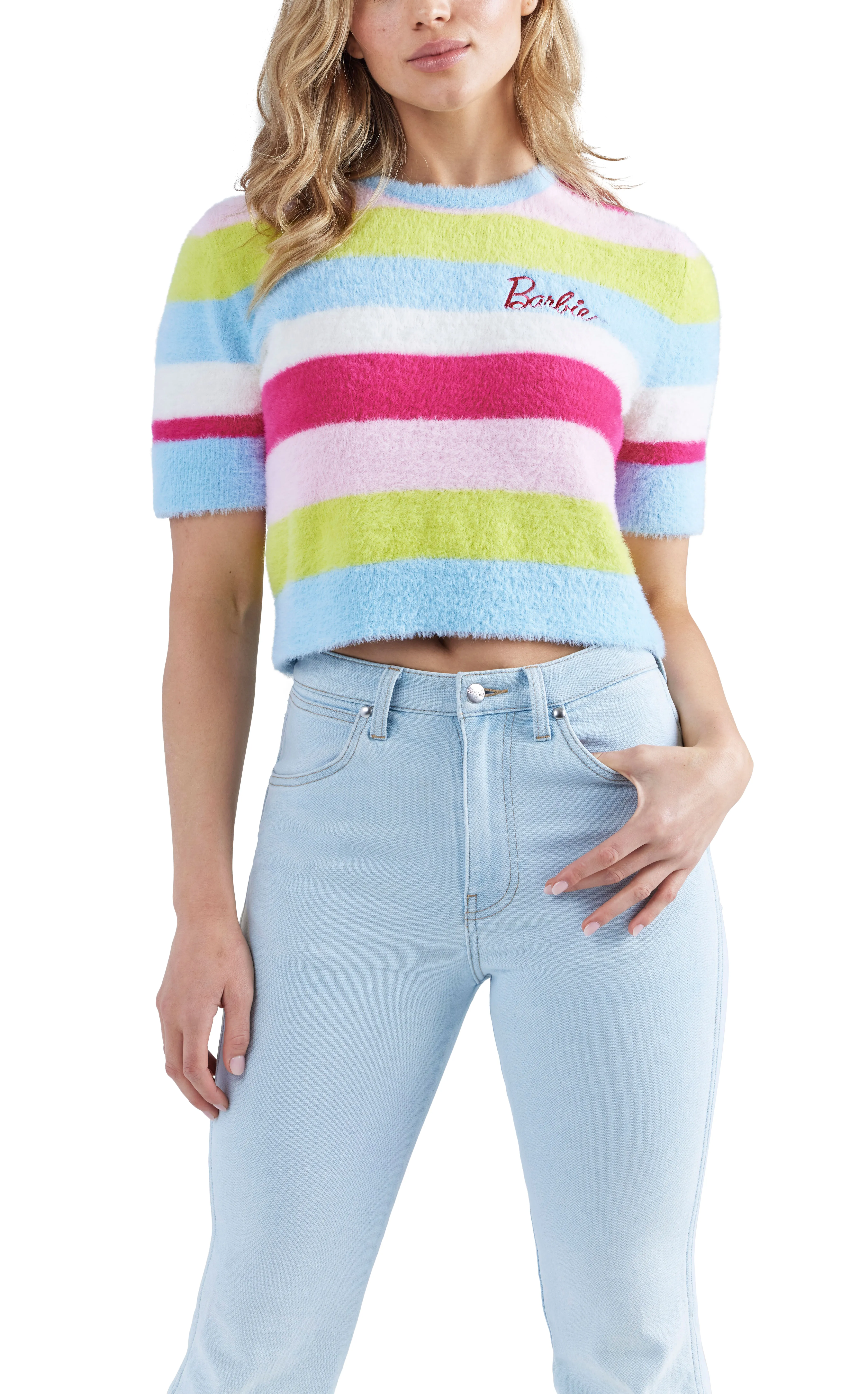 Wrangler x Barbie Women's Stripe Fuzzy Short Sleeve Sweater