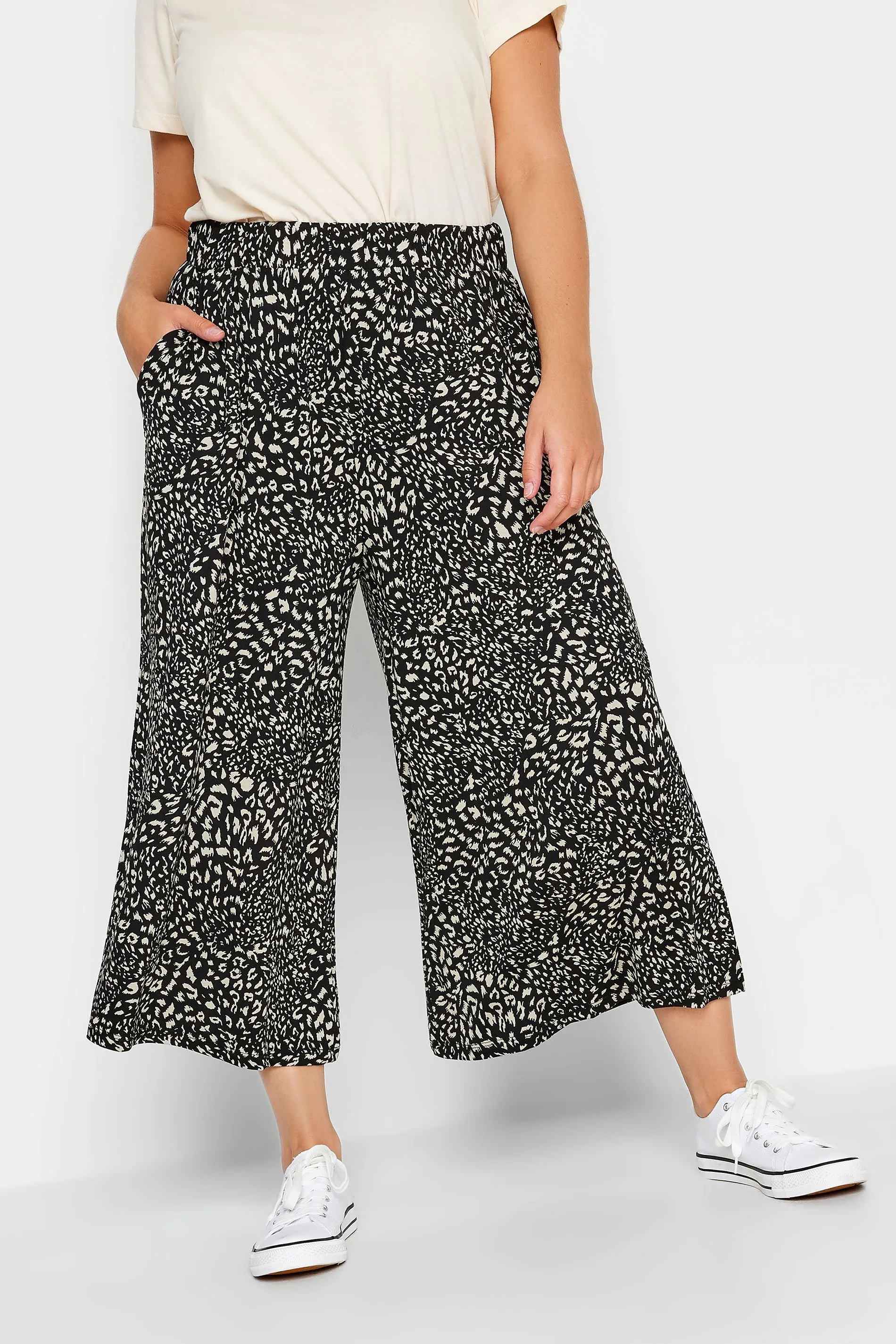 YOURS Curve Black & Natural Lepoard Print Midaxi Culottes