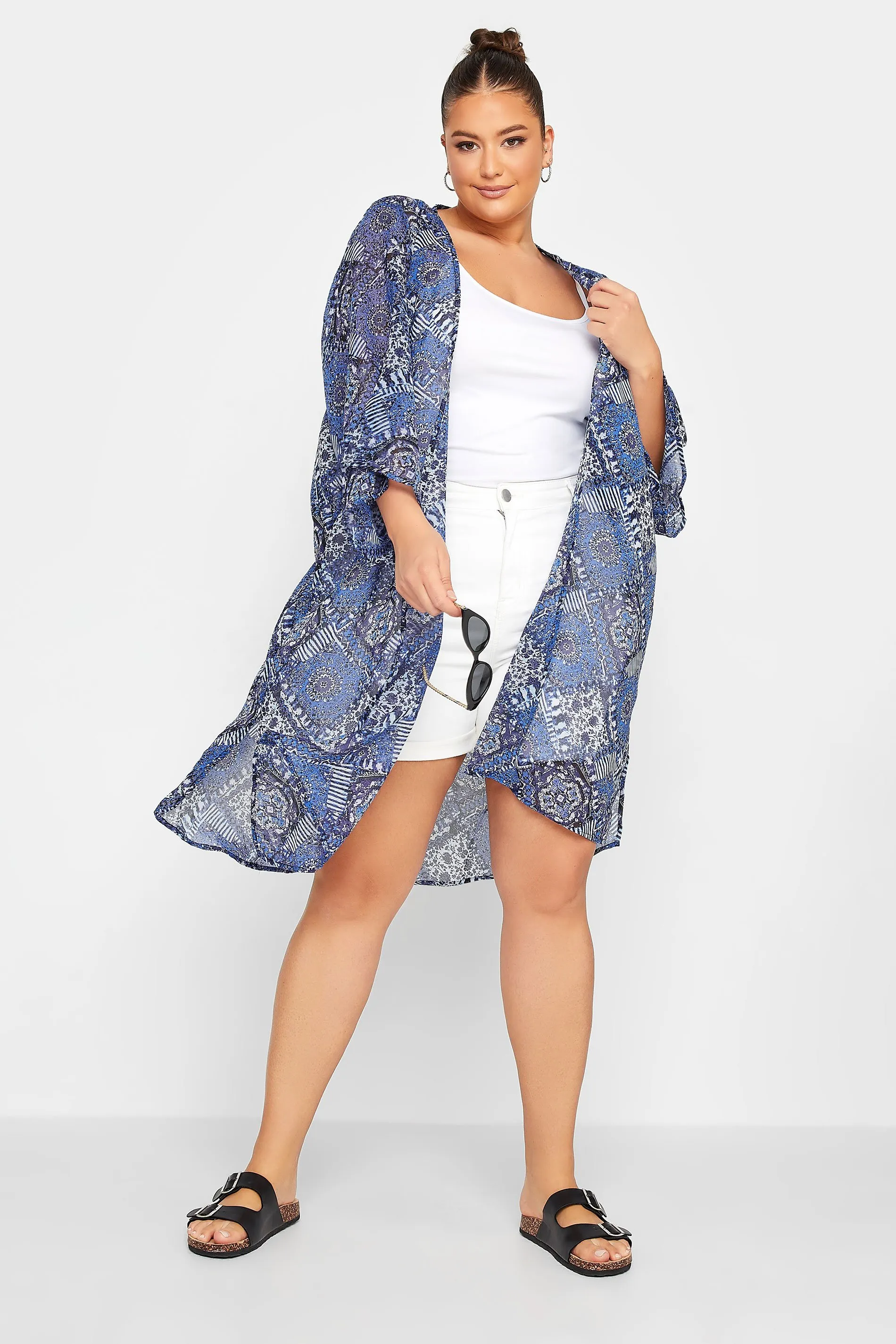 YOURS Curve Blue Tile Print Chiffon Kimono