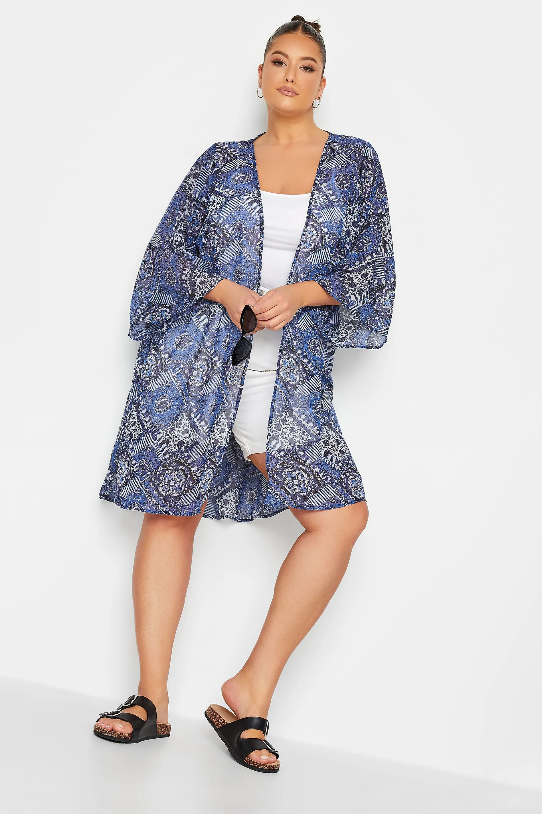 YOURS Curve Blue Tile Print Chiffon Kimono