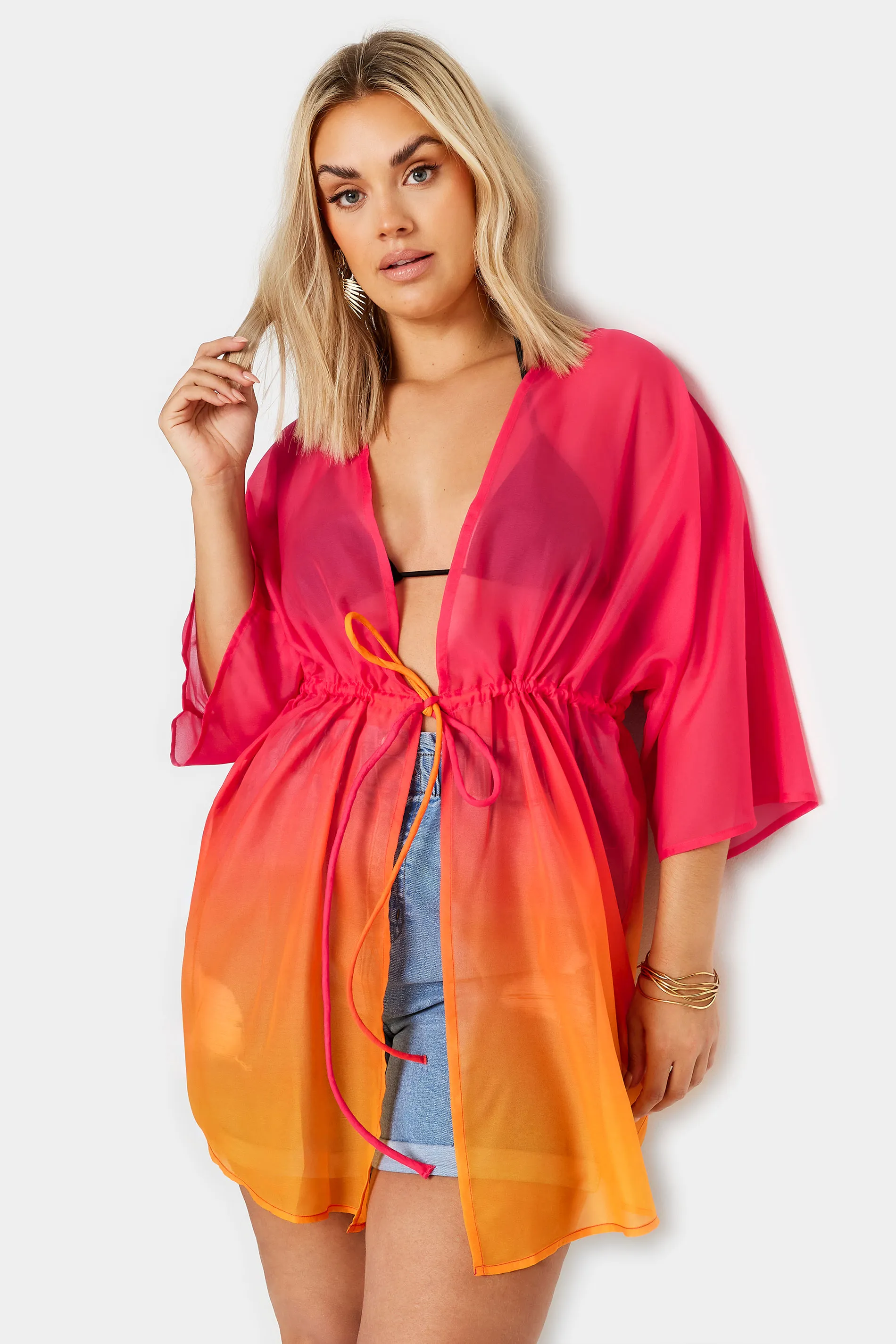 YOURS Curve Pink & Orange Ombre Tie Front Kimono