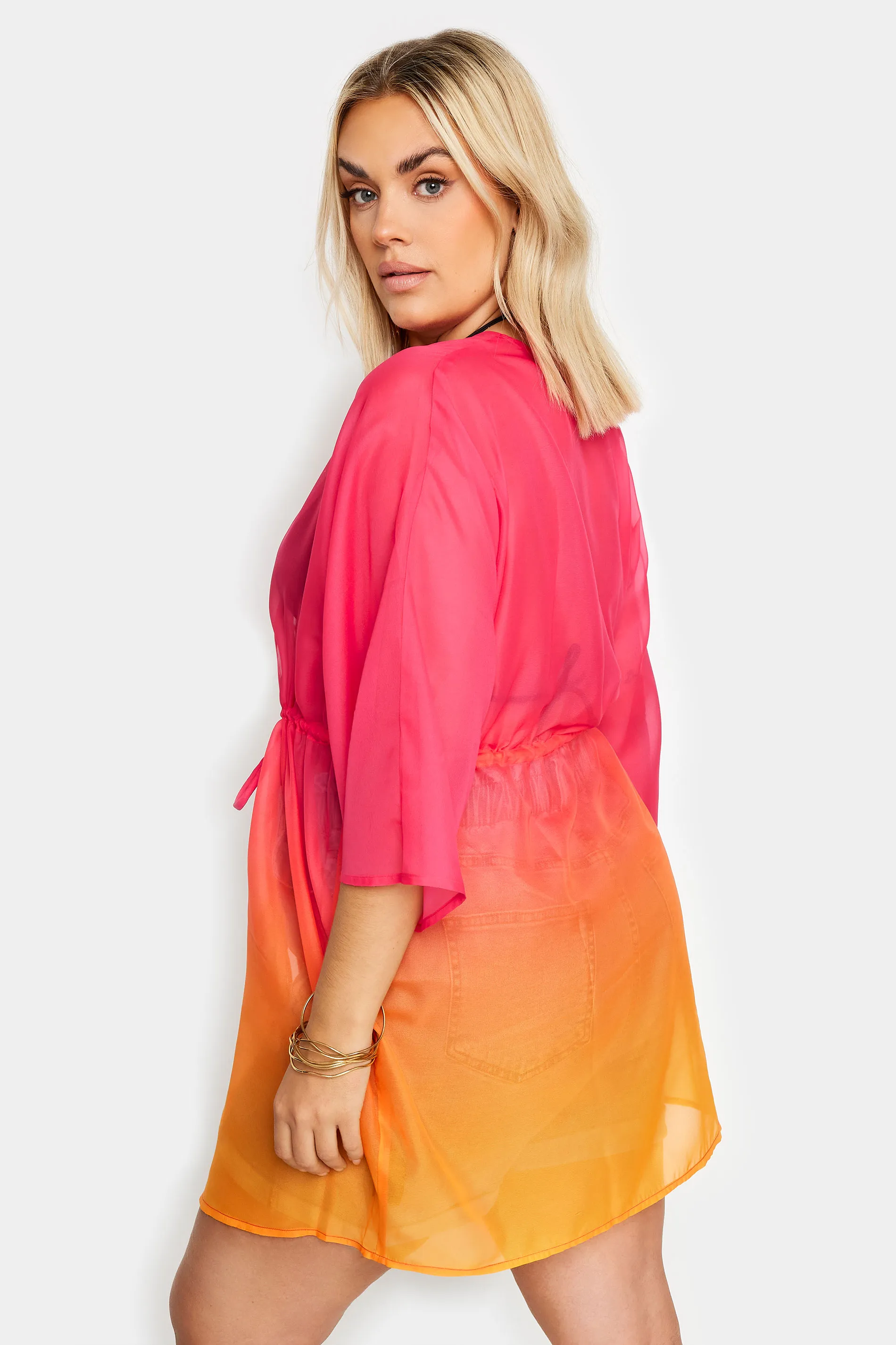 YOURS Curve Pink & Orange Ombre Tie Front Kimono