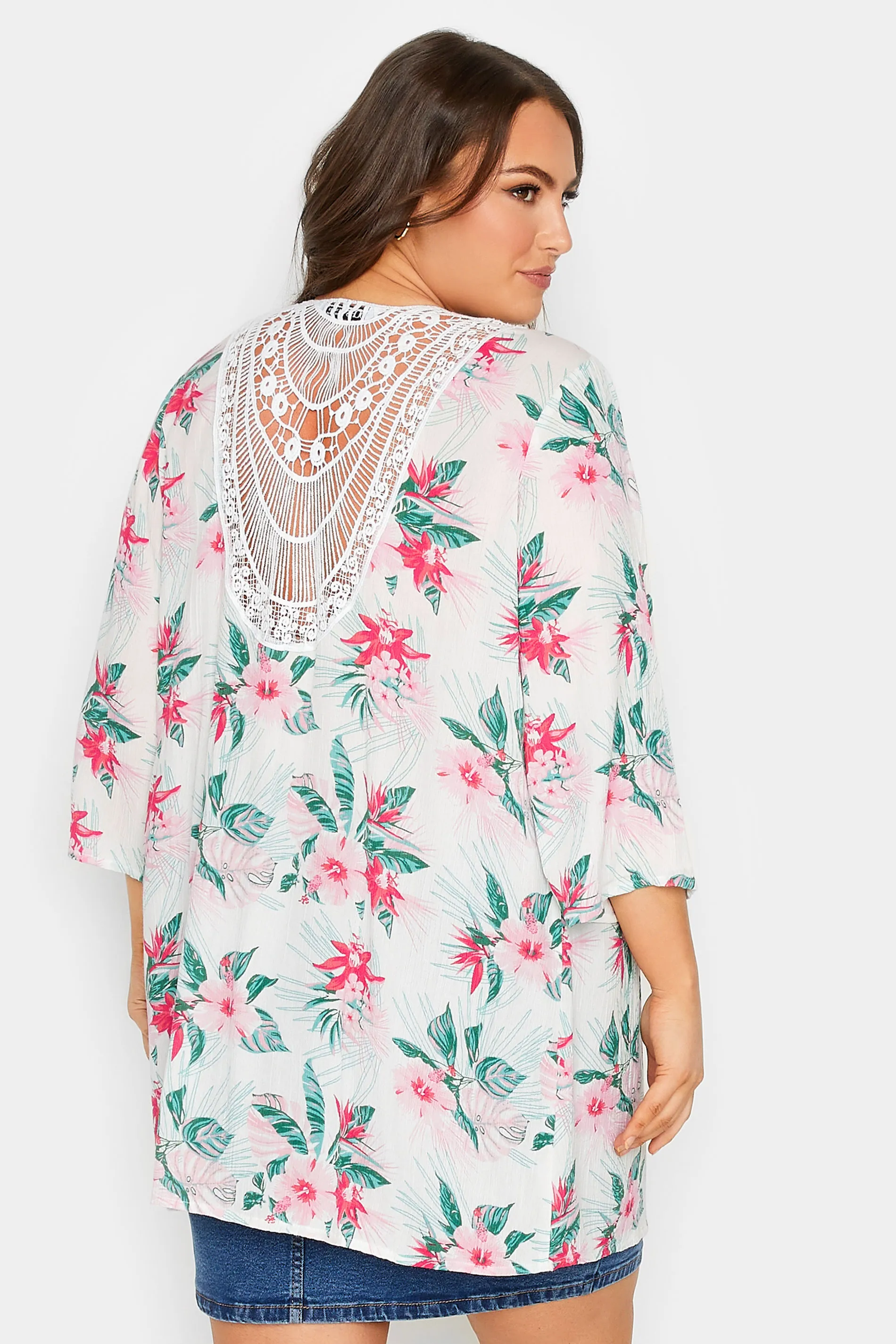 YOURS Curve White Floral Crochet Back Kimono